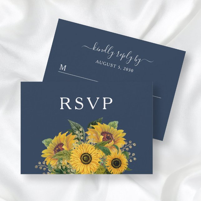 Elegant Navy Blue Sunflowers Hochzeit RSVP Karte (Von Creator hochgeladen)