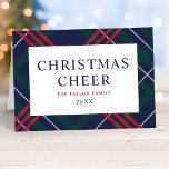 Elegant Navy Blue Tartan Karierte Weihnachtsfeier Feiertagskarte<br><div class="desc">Stilvoll gefaltete Urlaubskarte mit klassischem marineblau, Jägergrün und rotem Tartan kariertes Muster mit elegantem "Weihnachtsmann"-Text mit Familienname und Jahr, das völlig personalisiert sein kann. Eine benutzerdefinierte Skriptmeldung ist auch auf der Innenseite der Karte enthalten. Personalisieren Sie mit Ihrem bevorzugten Text - eine großartige Möglichkeit, besondere Erinnerungen aus dem Jahr und...</div>