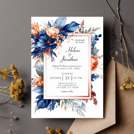 Elegant Navy Blue Terracotta Floral Boho Wedding Einladung