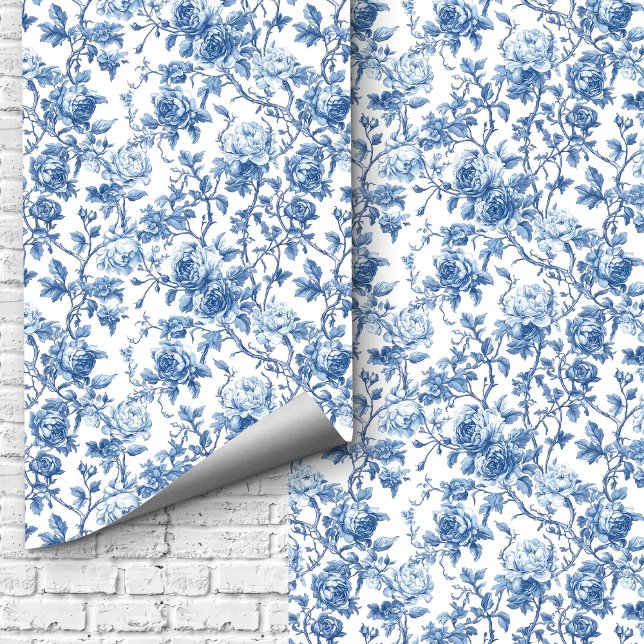 Elegant Navy Blue Toile Roses Floral Pattern Home  Tapete (Elevate your home décor with this elegant blue French toile de Jouy rose wallpaper, featuring detail)