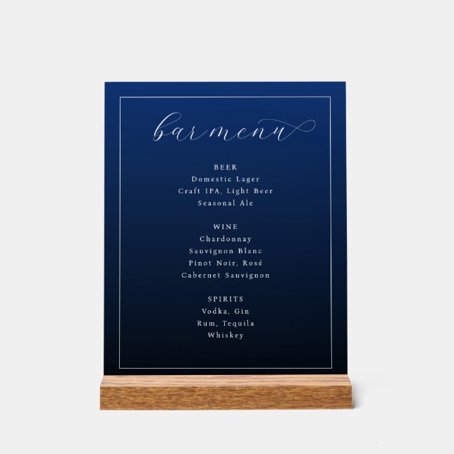 Elegant Navy Blue Typographic Bar Menu Acrylschild (Vorderseite)
