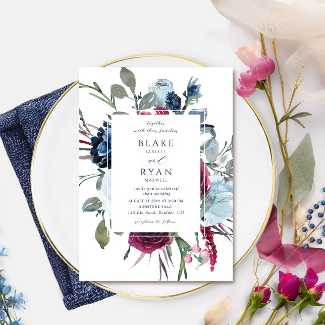 Elegant Navy Blue und Burgundy Wedding Einladung (Von Creator hochgeladen)