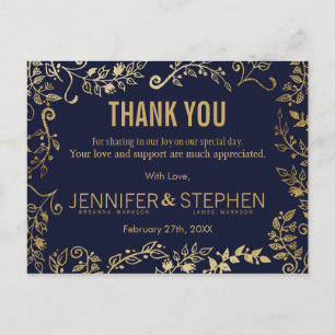 Elegant Navy Blue und Gold Floral Vielen Dank Postkarte