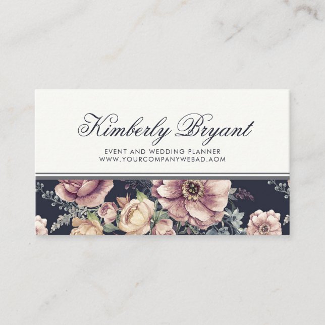 Elegant Navy Blue und Mauve Floral | Wasserfarbe Visitenkarte (Vorderseite)