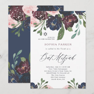 Elegant Navy Blue und Plum Floral   Bat Mitzvah Einladung
