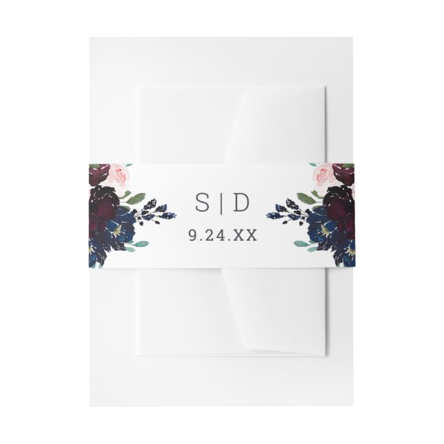 Elegant Navy Blue und Plum Floral | Hochzeit Einladungsbanderole (Vorderseite Beispiel)