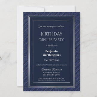Elegant Navy Blue und Silver 60. Geburtstag Abende Einladung
