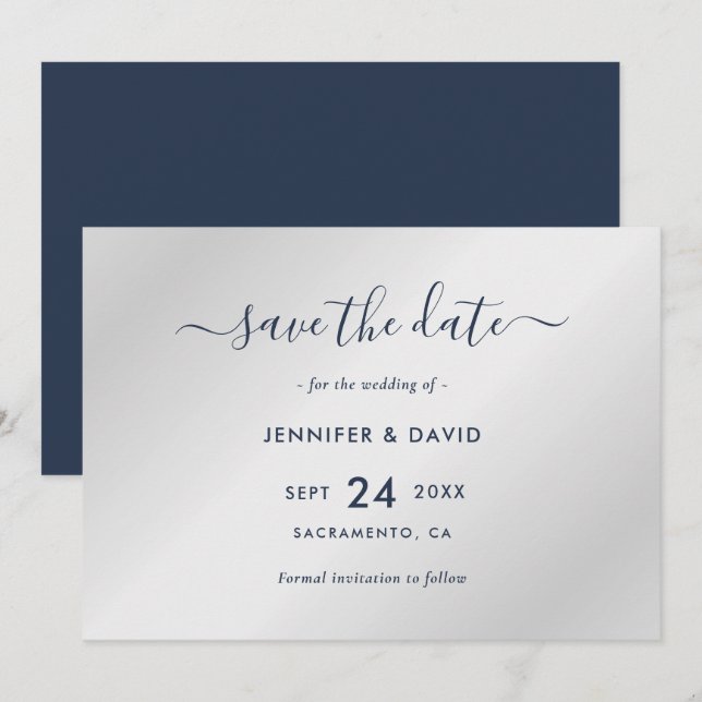 Elegant Navy Blue und Silver Wedding Save The Date (Vorne/Hinten)