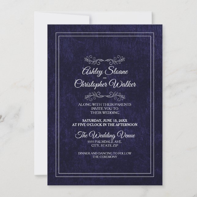 Elegant Navy Blue Velvet White Monogram Wedding Einladung (Vorderseite)