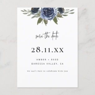 Elegant Navy Blue Watercolor Floral Save the Date Ankündigungspostkarte