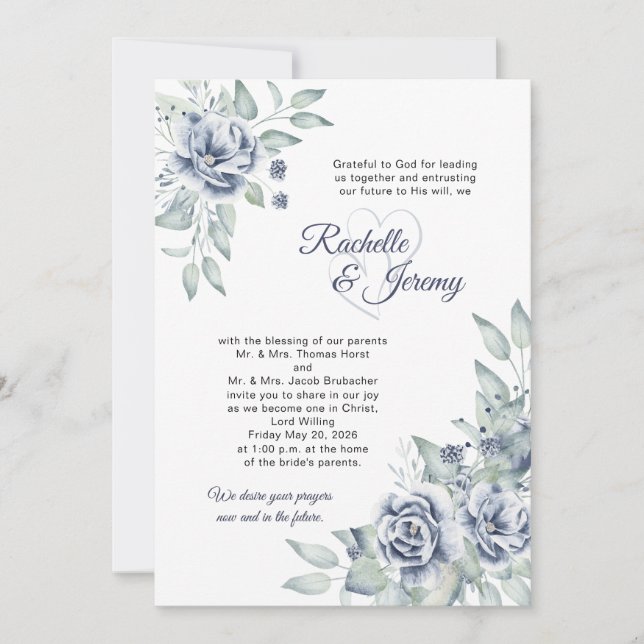 Elegant Navy Blue Watercolor Floral Wedding Einladung (Vorderseite)