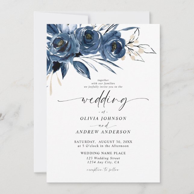 Elegant Navy Blue Watercolor Floral Wedding Einladung (Vorderseite)