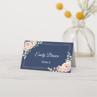 Elegant Navy Blue Watercolor Floral Wedding Platzkarte