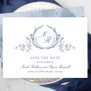 Elegant Navy Blue Watercolor Monogram Calligraphy Save The Date