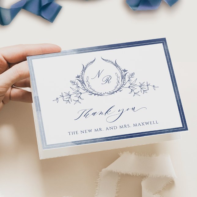 Elegant Navy Blue Watercolor Monogram Wedding Dankeskarte (Von Creator hochgeladen)