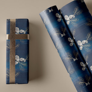 Elegant Navy Blue Watercolor Pine Needles & Jewels Geschenkpapier