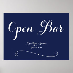 Elegant Navy Blue Wedding Open Bar Sign Poster