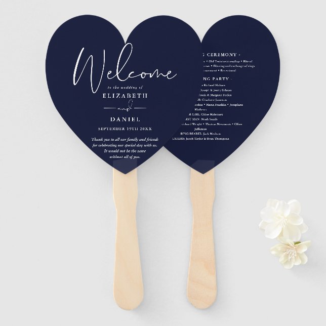 Elegant Navy Blue Wedding Program Heart Fächer (Vorne und Hinten)