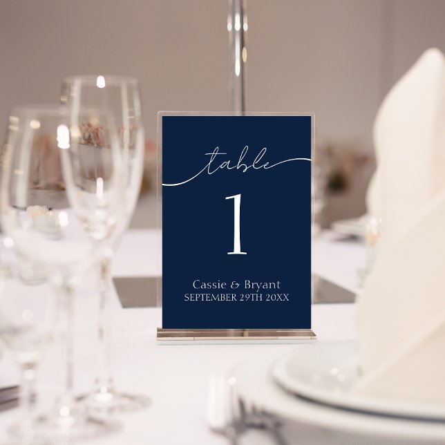 Elegant Navy Blue Wedding Tischnummer (Elegant Navy Blue Wedding Table Number Sign In Modern Acrylic Stand)