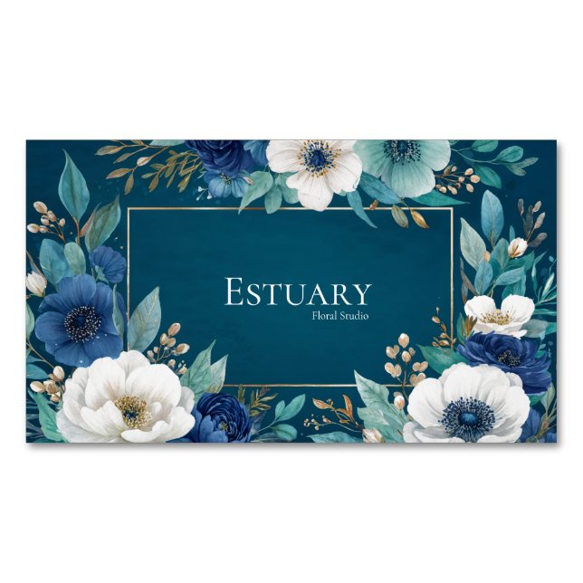 Elegant Navy Blue White Anemone Teal Gold Frame Magnetische Visitenkarte (Vorderseite)