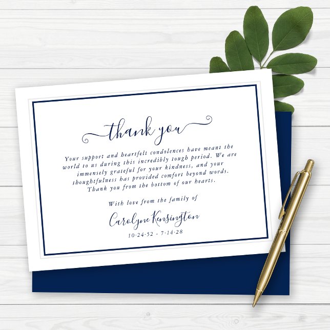 Elegant Navy Blue White Beileid Vielen Dank Dankeskarte (Elegant Navy Blue White Sympathy Thank You Note Cards)