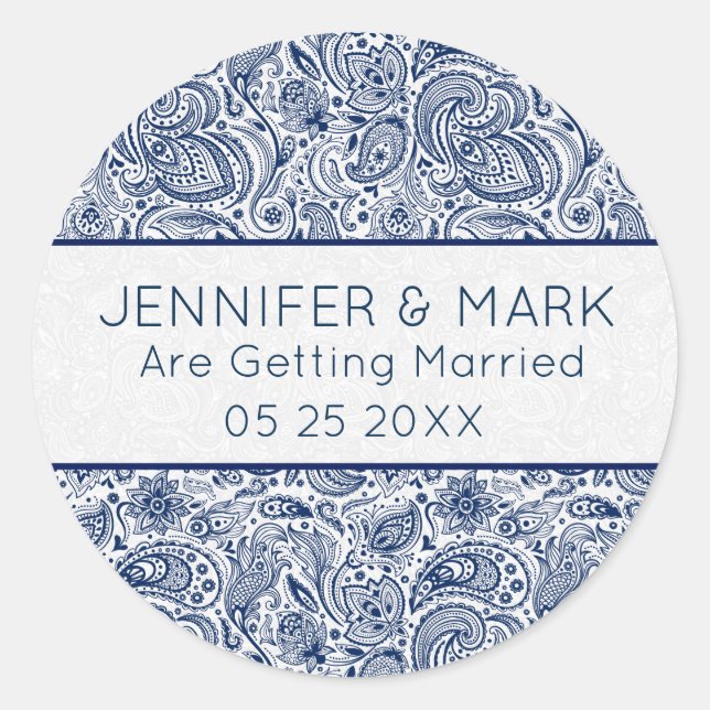 Elegant Navy Blue & White Floral Paisley Lace Runder Aufkleber (Vorderseite)