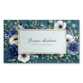 Elegant Navy Blue White Floral Teal Gold Frame Magnetische Visitenkarte