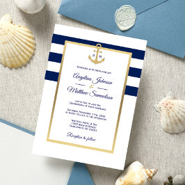 Elegant Navy Blue White Gold Nautical Wedding Einladung