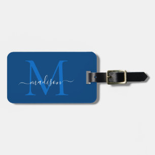 Elegant Navy Blue White Monogram Script Name Gepäckanhänger