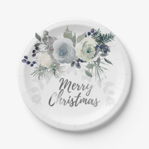 Elegant Navy Blue White Rose Frohe Weihnachten Pappteller