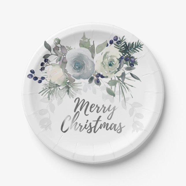 Elegant Navy Blue White Rose Frohe Weihnachten Pappteller (Vorderseite)