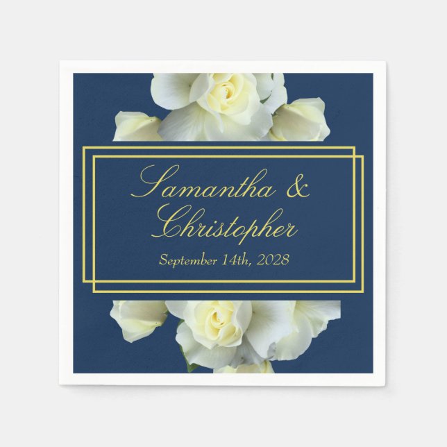 Elegant Navy Blue White Roses Minimal Gold Script Serviette (Vorderseite)