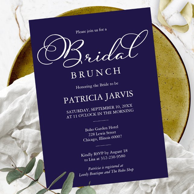 Elegant Navy Blue White Script Bridal Brunch Einladung (Von Creator hochgeladen)