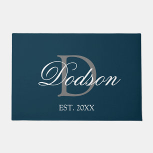Elegant Navy Blue White Script Monogram Name Fußmatte