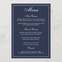 Elegant Navy Blue White Script Wedding Menu