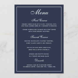 Elegant Navy Blue White Script Wedding Menu Menükarte