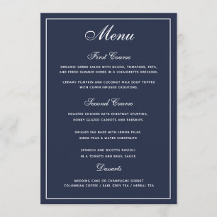 Elegant Navy Blue White Script Wedding Menu Menükarte