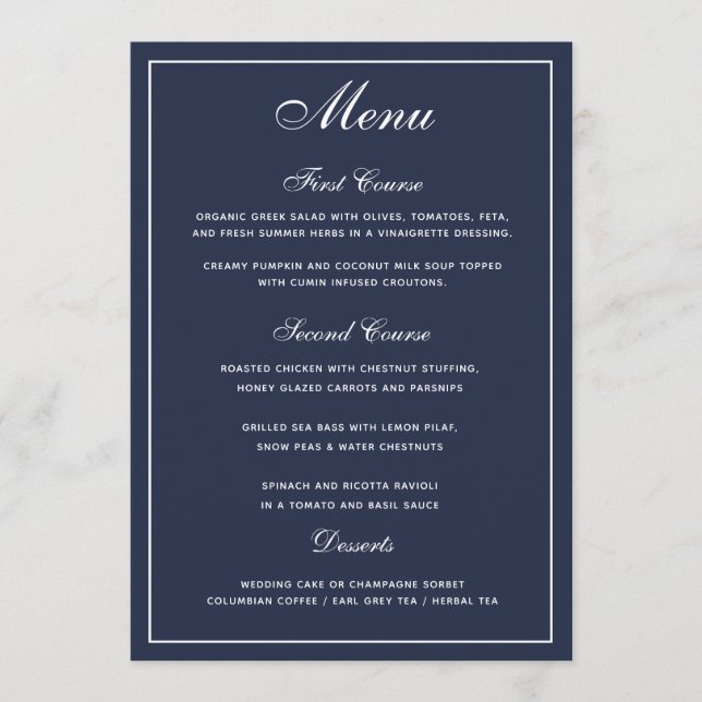Elegant Navy Blue White Script Wedding Menu Menükarte (Vorderseite)
