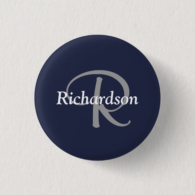 Elegant Navy Blue White Silver Gray Mit Monogramm Button (Vorderseite)