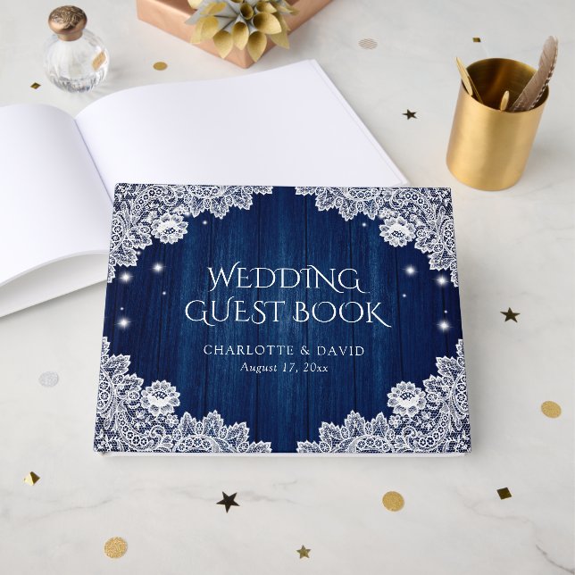 Elegant Navy Blue Wood and Lace Wedding Guest Book Gästebuch (Vorderseite Offen)
