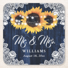 Elegant Navy Blue Wood Lace Sunflower Wedding Rechteckiger Pappuntersetzer