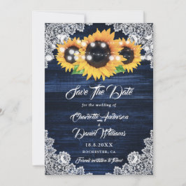 Elegant Navy Blue Wood Lace Sunflower Wedding Save The Date