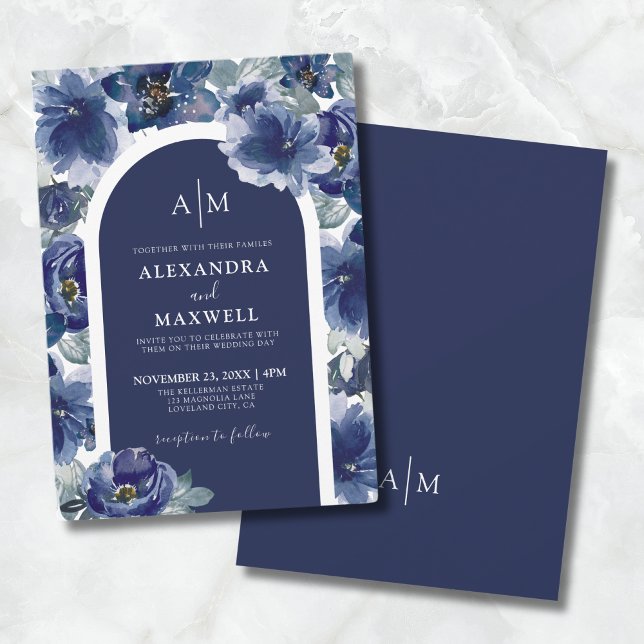 Elegant Navy Blues Floral Wedding Einladung (Elegant Navy Blue Floral Wedding Invitation)