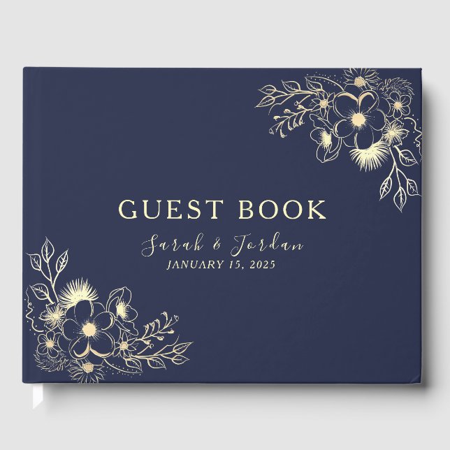 Elegant Navy Blues Floral Wedding Gästebuch (Vorderseite)