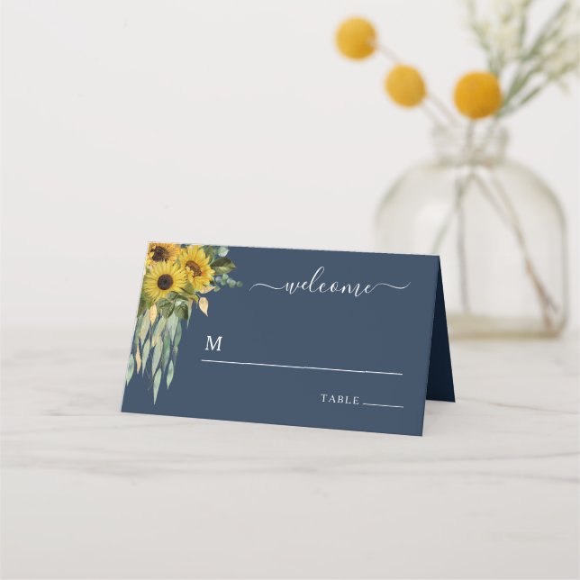 Elegant Navy Blues Floral Wedding Platzkarte (Vorderseite)
