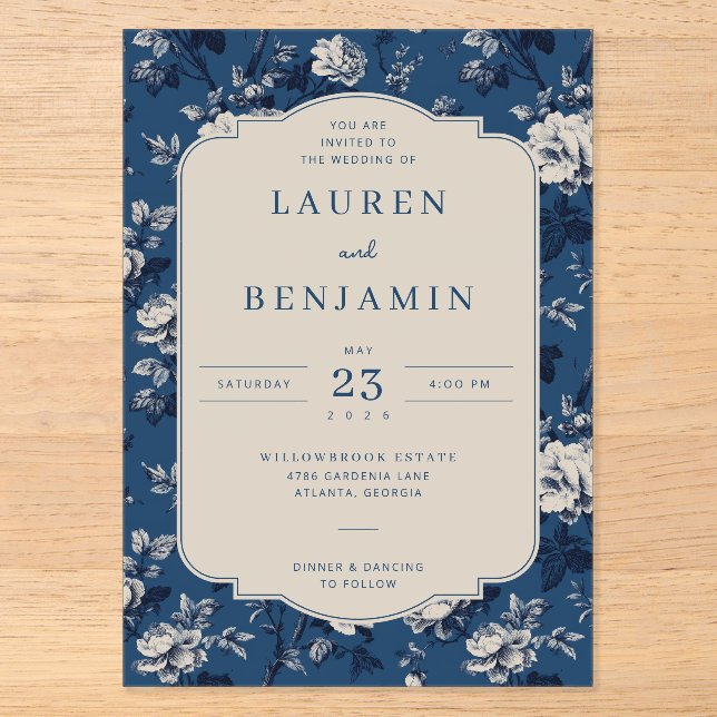 Elegant Navy Blumenmuster Acryleinladungen (Vorderseite)