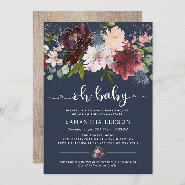 Elegant Navy Burgundy Florals Baby Shower Einladung (Vorne/Hinten)