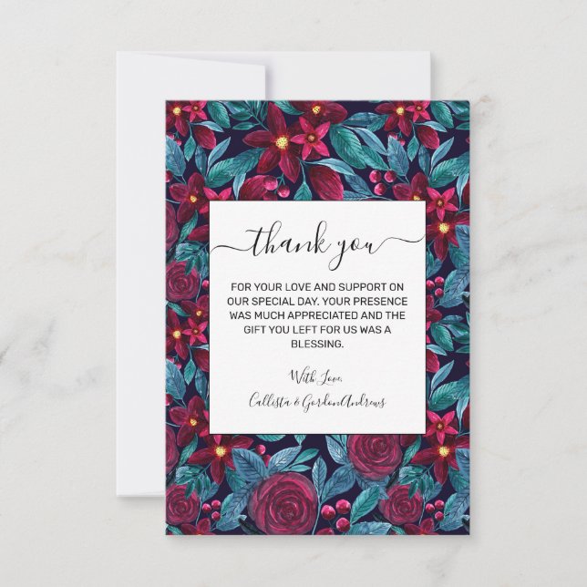 Elegant Navy Burgundy Weihnachten Floral Wasserfar Dankeskarte (Vorderseite)