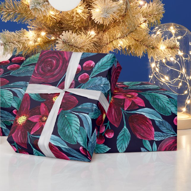 Elegant Navy Burgundy Weihnachten Floral Wasserfar Geschenkpapier (Feiertage)