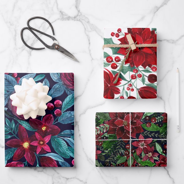 Elegant Navy Burgundy Weihnachten Floral Wasserfar Geschenkpapier Set (Vorderseite)